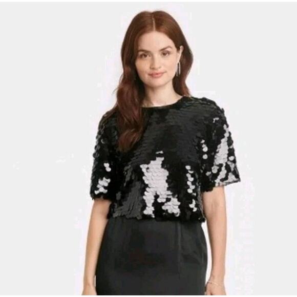 a new day Tops - NWT A New Day Black Jumbo Sequin Paillette Top Blouse Short Sleeve Shirt Size L